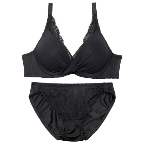 4/6新作!【ノンワイヤー】レーシィカシュクールシフォンブラジャー&フルバックショーツ[推し][人気](ブラック-M)