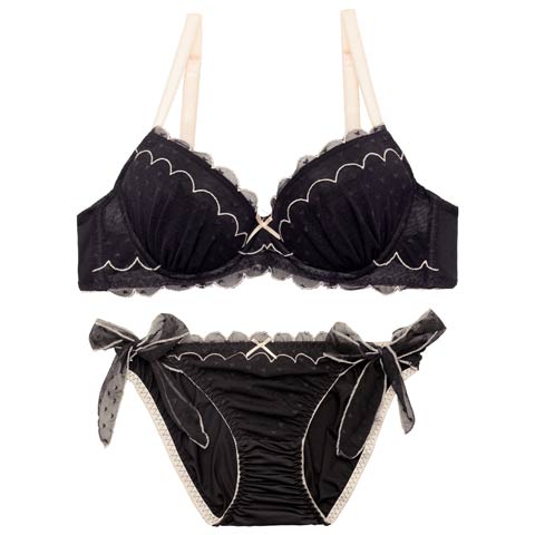 4/24再販!スカラップキューティーハートブラジャー&サイド紐フルバックショーツ[推し](ブラック-B65/ショーツM)