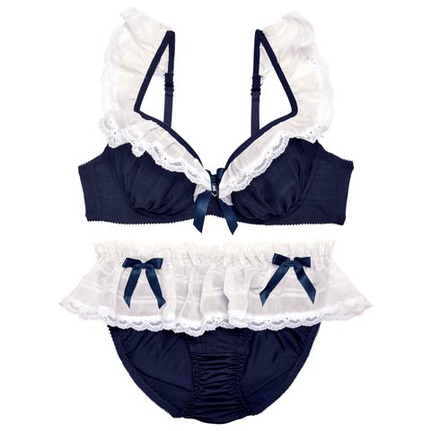 10/9再販!ラブリーフリルメイドブラジャー&フルバックショーツ[推し](ネイビー-B65/ショーツM)