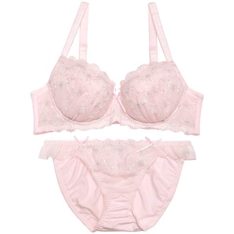 【EFサイズ】シャイニーパステルエンブロイダリーブラジャー&フルバックショーツ [推し](ピンク-E65/ショーツM)