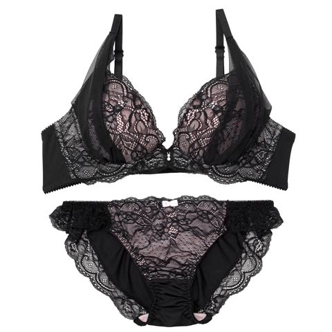 レーシィドレープチュールブラジャー&フルバックショーツ[推し](ブラック-B65/ショーツM)
