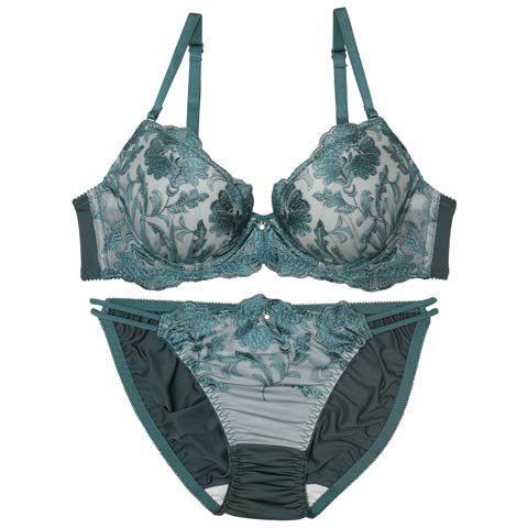 9/9再販!ディープフラワーグレイスブラジャー&フルバックショーツ[推し][人気](グリーン-B65/ショーツM)