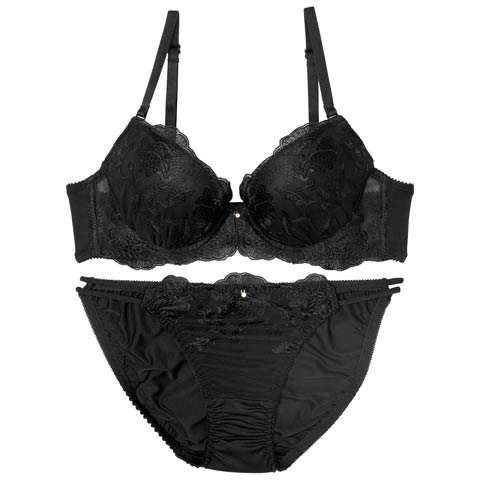 9/9再販!ディープフラワーグレイスブラジャー&フルバックショーツ[推し][人気](ブラック-B65/ショーツM)