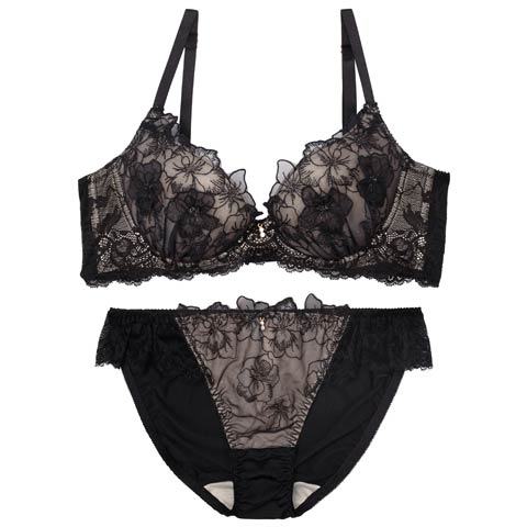 9/3新作!ブルーミングスリットレーシィ育乳ブラジャー&フルバックショーツ[推し](ブラック-B65/ショーツM)