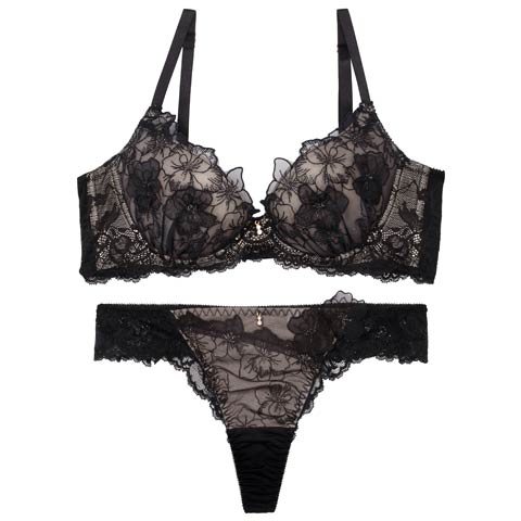 9/3新作!【Tバック】ブルーミングスリットレーシィ育乳ブラジャー&Tバックバック透けショーツ[推し](ブラック-B65/ショーツM)