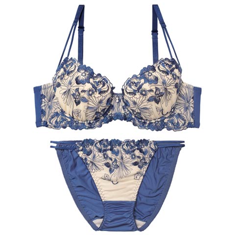 12/17新作!ラグジュアリーレーシィブロッサムブラジャー＆フルバックショーツ[推し](ブルー-B65/ショーツM)