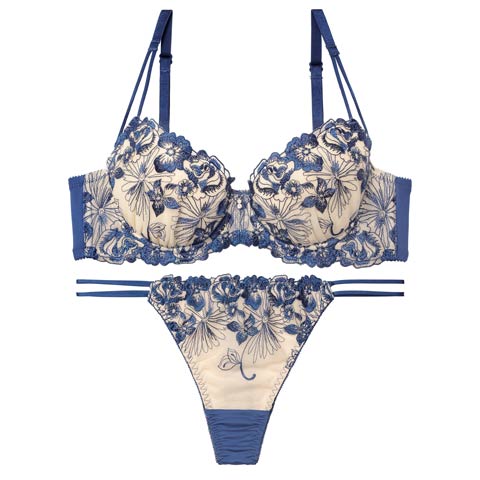 12/17新作!【Tバック】ラグジュアリーレーシィブロッサムブラジャー＆Tバックショーツ[推し](ブルー-B65/ショーツM)