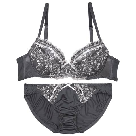 9/9再販!ガーリーリボンブルームブラジャー&フルバックショーツ[推し][人気](チャコール-B65/ショーツM)