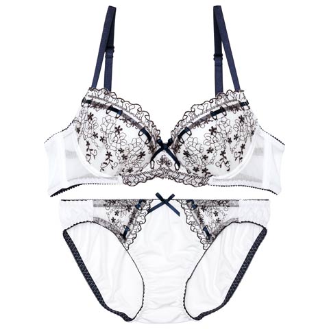 9/9再販!ガーリーリボンブルームブラジャー&フルバックショーツ[推し][人気](オフホワイト-B65/ショーツM)