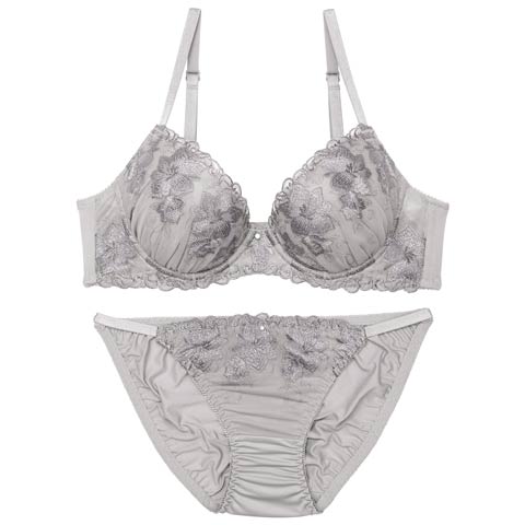 9/9再販!グロッシーブロッサムエンブロイダリーブラジャー&フルバックショーツ[推し][人気](グレー-B65/ショーツM)
