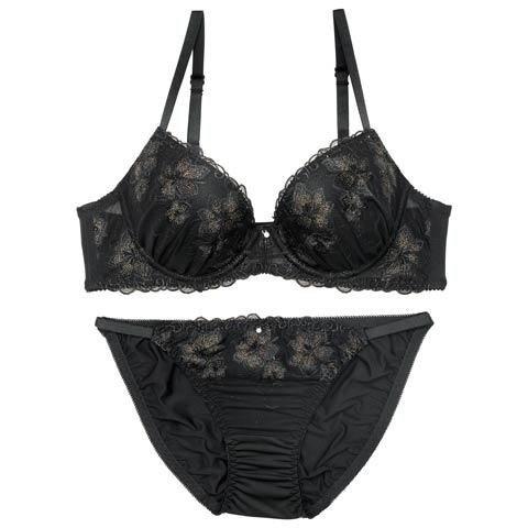 9/9再販!グロッシーブロッサムエンブロイダリーブラジャー&フルバックショーツ[推し][人気](ブラック-B65/ショーツM)