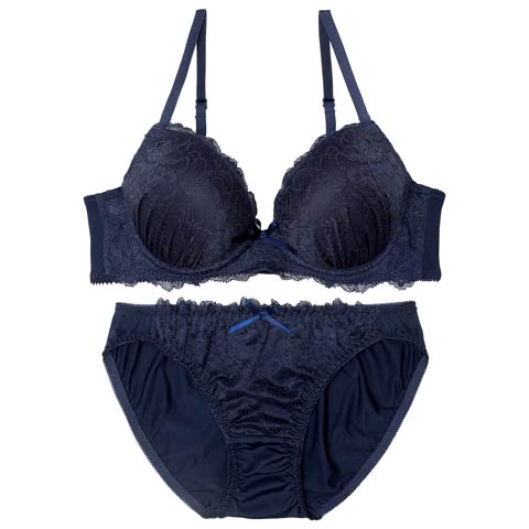 9/9再販!ワンカラーディープレーシィブラジャー&フルバックショーツ[推し](ネイビー-B65/ショーツM)