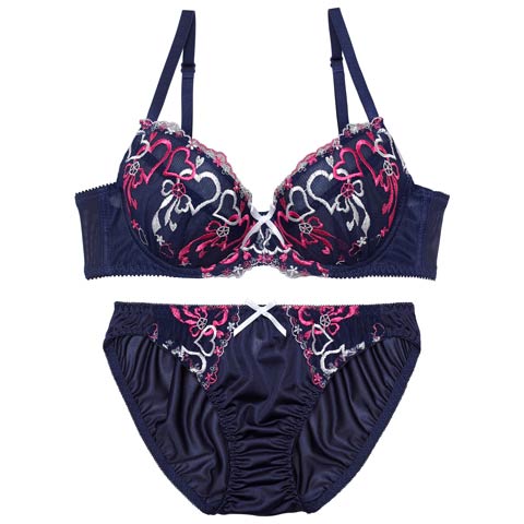 1/14新作!レトロガーリーハートブラジャー＆フルバックショーツ[推し][人気](ネイビー-B65/ショーツM)