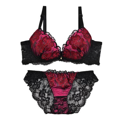 ビビットルーチェフラワー育乳脇高ブラジャー&バック透けフルバックショーツ(レッド-A70/ショーツM)