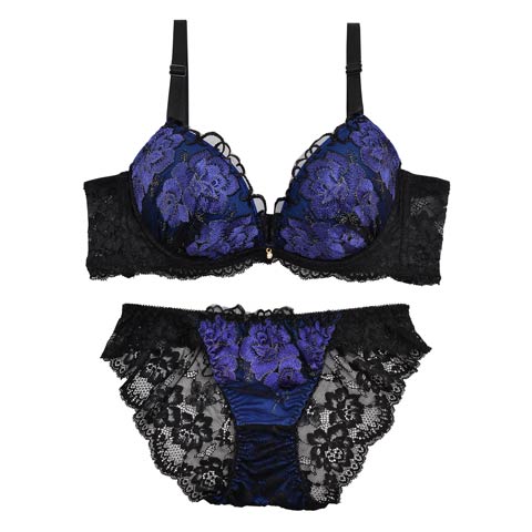 ビビットルーチェフラワー育乳脇高ブラジャー&バック透けフルバックショーツ(ブルー-A70/ショーツM)