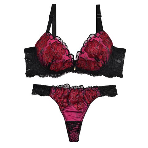 ビビットルーチェフラワー育乳脇高ブラジャー&バック透けTバックショーツ(レッド-A70/ショーツM)