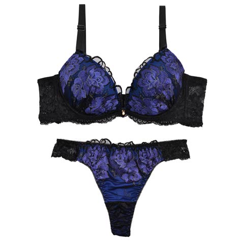 ビビットルーチェフラワー育乳脇高ブラジャー&バック透けTバックショーツ(ブル－-A70/ショーツM)