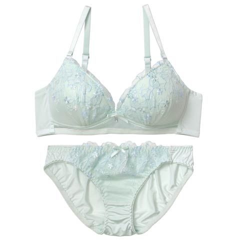 【ノンワイヤー】フラワーリボンチャーミングブラジャー&フルバックショーツ[推し][人気](ミント-S)