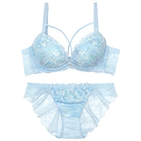 9/4再販!マーブルクロスアイビーブラジャー&バック透けフルバックショーツ[推し](サックス-A70/ショーツM)