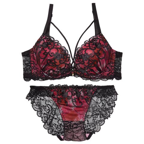 7/11新作!ルミナスアイビーコード育乳ブラジャー&バック透けフルバックショーツ[推し](レッド-A70/ショーツM)