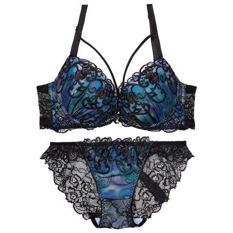 7/11新作!ルミナスアイビーコード育乳ブラジャー&バック透けフルバックショーツ[推し](ブルー-A70/ショーツM)