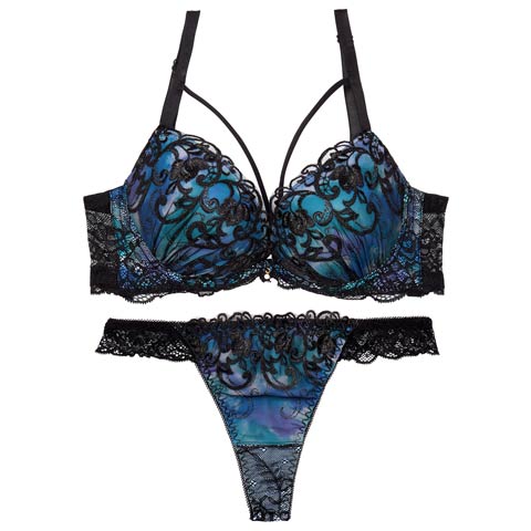 7/11新作!【Tバック】ルミナスアイビーコード育乳ブラジャー&バック透けTバックショーツ[推し](ブルー-A70/ショーツM)