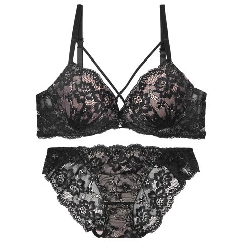 10/25再販!【三上悠亜着用】クロスヌーディーレースブラジャー&バック透けフルバックショーツ[推し][人気](ブラック-A65/ショーツM)