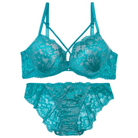 10/25再販!【三上悠亜着用】クロスヌーディーレースブラジャー&バック透けフルバックショーツ[推し][人気](ターコイズブルー-A65/ショーツM)