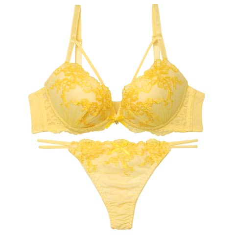 8/13新作!【Tバック】ラディアントフラワーレースブラジャー&Tバックショーツ[推し][人気](イエロー-A65/ショーツM)