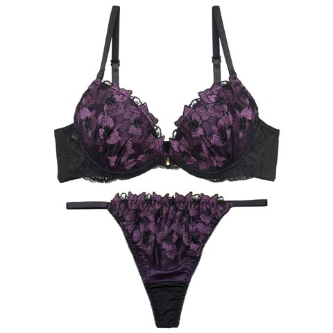 11/8再販!【Tバック】グラマーブロッサムエンブロイダリーブラジャー&Tバックショーツ[推し][人気](パープル-A65/ショーツM)