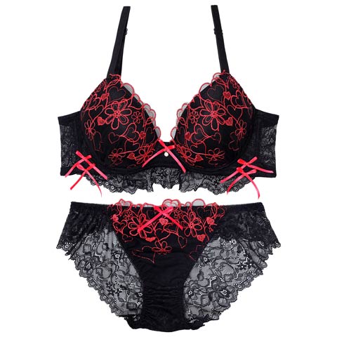 9/20再販!ダブルリボンメロウハート育乳ブラジャー&バック透けフルバックショーツ[推し][人気](レッド-A65/ショーツM)