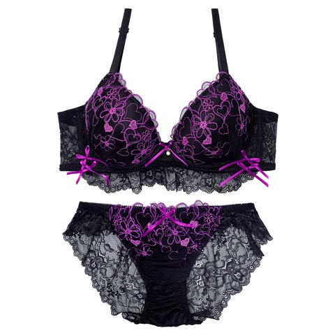 9/20再販!ダブルリボンメロウハート育乳ブラジャー&バック透けフルバックショーツ[推し][人気](パープル-A65/ショーツM)