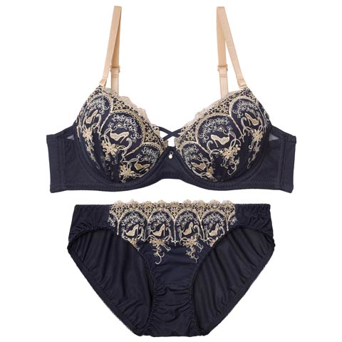 11/1再販!エレガントプリンセスヒールブラジャー&フルバックショーツ[推し][人気](ネイビー-A65/ショーツM)