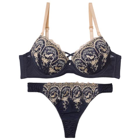 11/1再販!【Tバック】エレガントプリンセスヒールブラジャー&Tバックショーツ[推し][人気](ネイビー-A65/ショーツM)