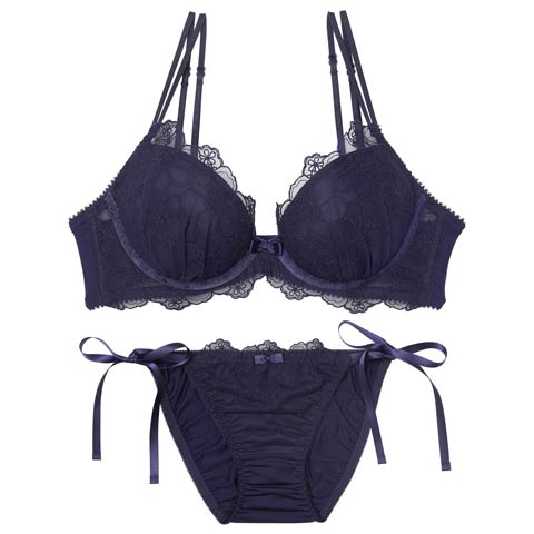 9/15新作![3way]フェミニンシアーフルールブラジャー&フルバックショーツ[推し](ネイビー-A70/ショーツM)