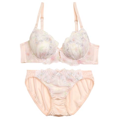 【EFサイズ】ペール水彩フリルレーシィブラジャー&フルバックショーツ[推し](ピンク-E65/ショーツM)
