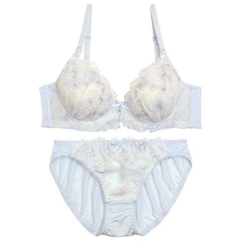 【EFサイズ】ペール水彩フリルレーシィブラジャー&フルバックショーツ[推し](サックス-E65/ショーツM)
