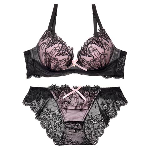 4/27新作!【EFサイズ】ノクターンリボンレース育乳脇高ブラジャー&バック透けフルバックショーツ[推し](ピンク-E65/ショーツM)