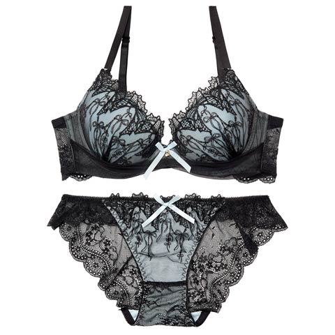 4/27新作!【EFサイズ】ノクターンリボンレース育乳脇高ブラジャー&バック透けフルバックショーツ[推し](サックス-E65/ショーツM)