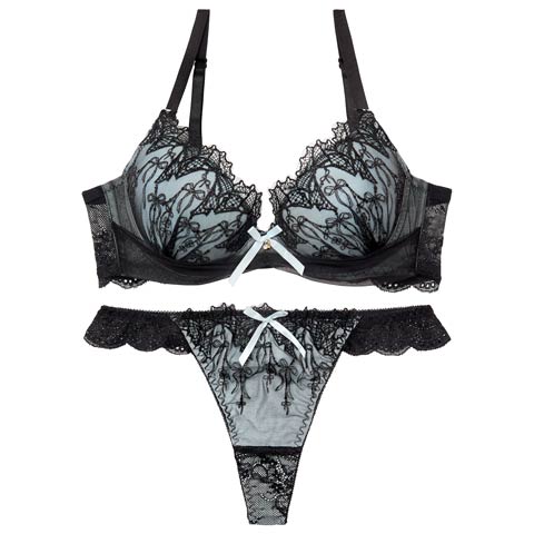 4/27新作!【Tバック】ノクターンリボンレース育乳脇高ブラジャー&バック透けTバックショーツ[推し][人気](サックス-A65/ショーツM)