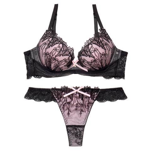4/27新作!【EFサイズ】【Tバック】ノクターンリボンレース育乳脇高ブラジャー&バック透けTバックショーツ[推し](ピンク-E65/ショーツM)