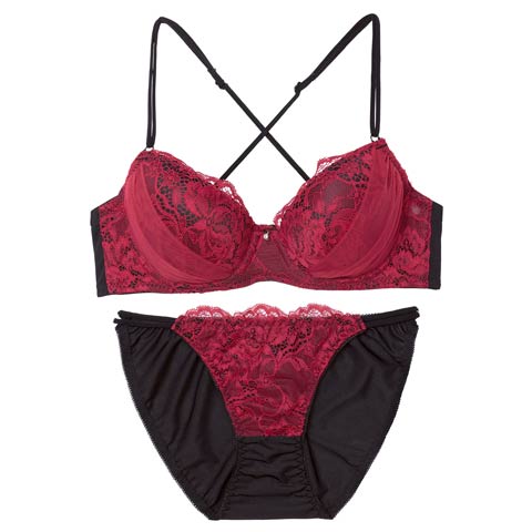 3/25新作!【EFサイズ】ミステリアスバッククロスコードブラジャー&フルバックショーツ[推し](ベリー-E65/ショーツM)