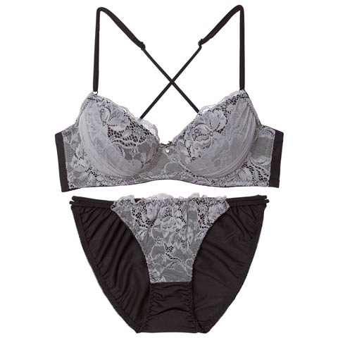 3/25新作!【EFサイズ】ミステリアスバッククロスコードブラジャー&フルバックショーツ[推し](グレー-E65/ショーツM)