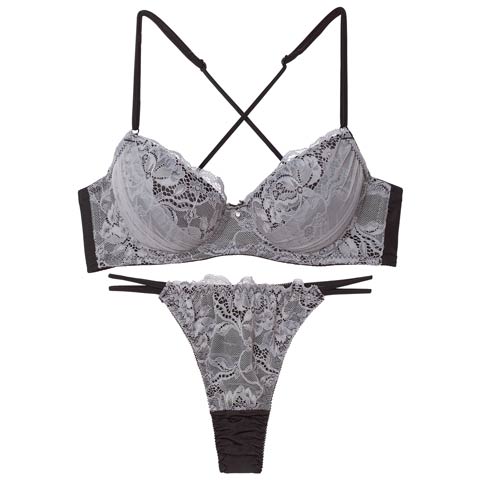 3/25新作!【EFサイズ】【Tバック】ミステリアスバッククロスコードブラジャー&Tバックショーツ[推し](グレー-E65/ショーツM)