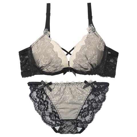 12/12新作!エレガントエンブロイダリー育乳脇高ブラジャー＆バック透けフルバックショーツ[推し](ブラック-A70/ショーツM)