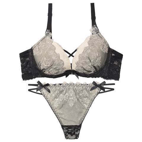 12/12新作!【Tバック】エレガントエンブロイダリー育乳脇高ブラジャー＆バック透けTバックショーツ[推し](ブラック-A70/ショーツM)