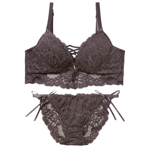 2/9新作!ノーブルレースアップビスチェ育乳脇高ブラジャー&サイド紐バック透けフルバックショーツ[推し](グレー-A70/ショーツM)