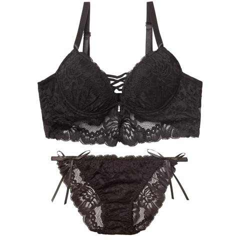 2/9新作!ノーブルレースアップビスチェ育乳脇高ブラジャー&サイド紐バック透けフルバックショーツ[推し](ブラック-A70/ショーツM)