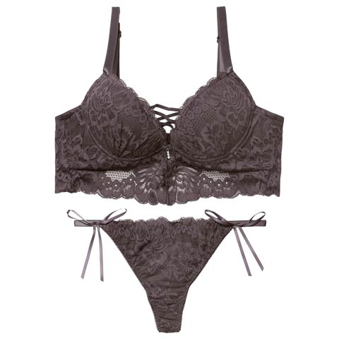 2/9新作!【Tバック】ノーブルレースアップビスチェ育乳脇高ブラジャー&サイド紐バック透けTバックショーツ[推し](グレー-A70/ショーツM)