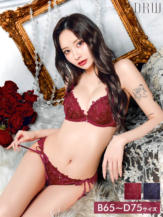 1/5新作!ブリリアントダークフルールブラジャー＆サイド紐フルバックショーツ[推し]